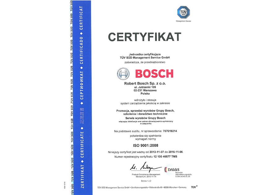 Certyfikat ISO dla firmy Bosch