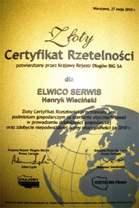 Złoty Certyfikat Rzetelności dla ELWICO 