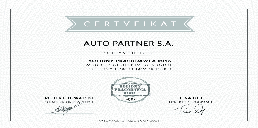 Auto Partner S.A. Solidnym Pracodawcą Roku