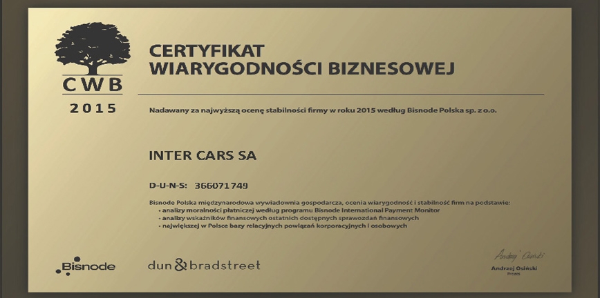 Inter Cars: wiarygodność potwierdzona certyfikatem