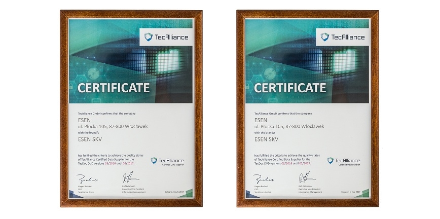 Certyfikat TecAlliance dla dystrybutora części SKV